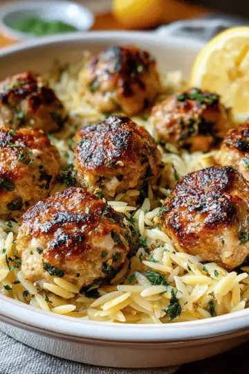 Greek Chicken Meatballs with Lemon Orzo