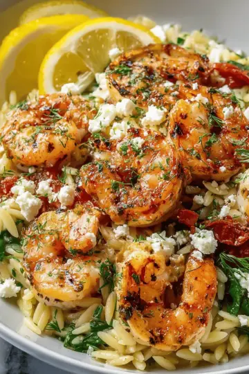 Lemon Feta Orzo Roasted Shrimp