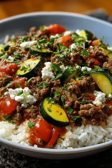 Greek-Style Beef and Zucchini Rice Bowl