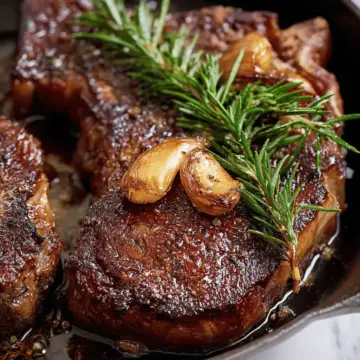 Pan Seared Ribeye Steaks with Roasted Garlic and Rosemary
