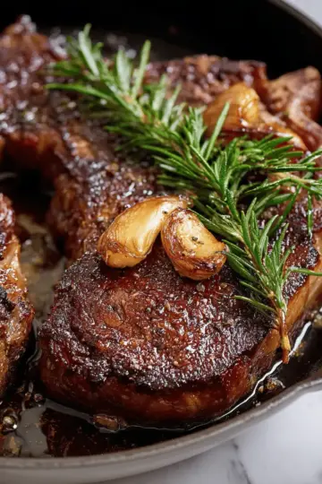 Pan Seared Ribeye Steaks with Roasted Garlic and Rosemary