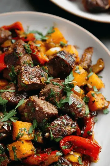 Steak Bites with Sweet Potatoes and Peppers