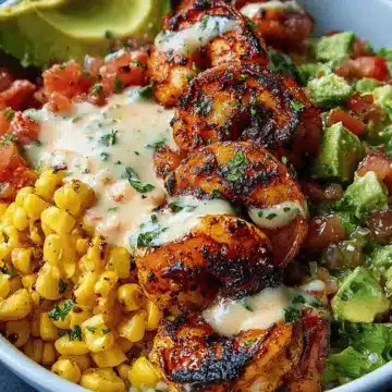 Grilled Shrimp Bowl with Avocado, Corn Salsa & Creamy Garlic Sauce