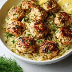 Greek Chicken Meatballs with Lemon Orzo