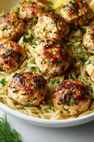 Greek Chicken Meatballs with Lemon Orzo