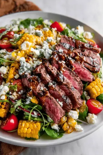 Balsamic Steak Gorgonzola Salad with Grilled Corn