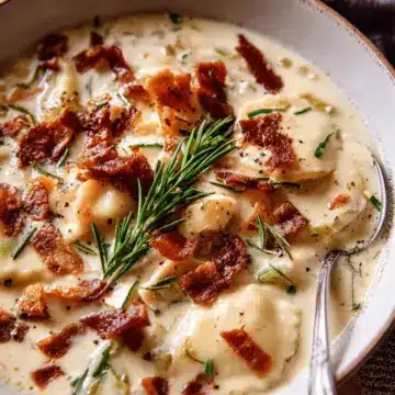 Creamy Pierogi Chicken Soup with Rosemary Bacon Bits