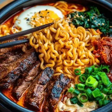 Spicy Korean Ramen with Grilled Beef & Creamy Sauce