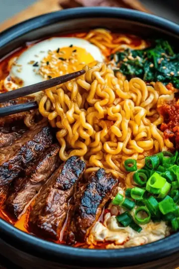 Spicy Korean Ramen with Grilled Beef & Creamy Sauce