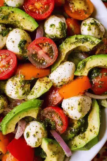 Tomato Cucumber Avocado Salad with Mozzarella and Basil Pesto