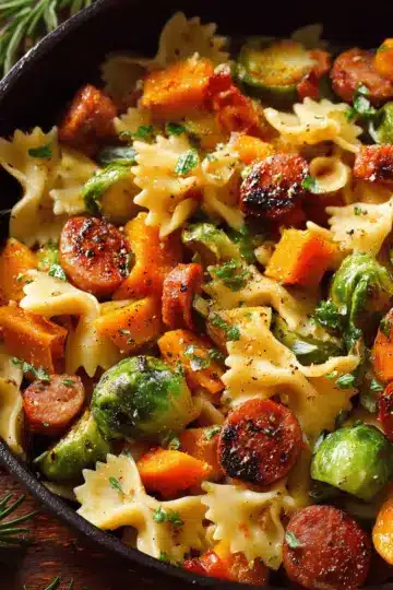 Autumn Dinner with Sausage, Pasta, Brussels Sprouts and Butternut Squash