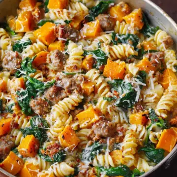 Creamy Roasted Butternut Squash Pasta with Sausage and Spinach