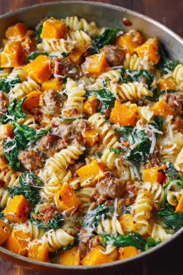 Creamy Roasted Butternut Squash Pasta with Sausage and Spinach