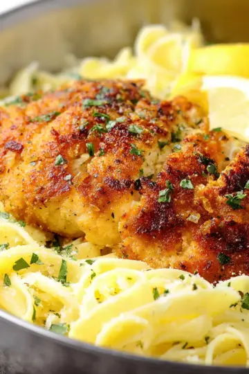 Romano Chicken with Lemon Garlic Pasta