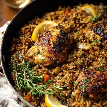 One Pot Lemon Rosemary Dijon Chicken and Butter Toasted Rice Pilaf