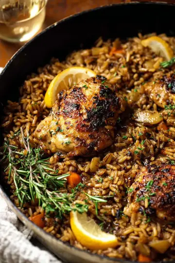 One Pot Lemon Rosemary Dijon Chicken and Butter Toasted Rice Pilaf