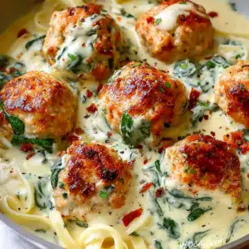 Baked Chicken Ricotta Meatballs with Spinach Alfredo Sauce
