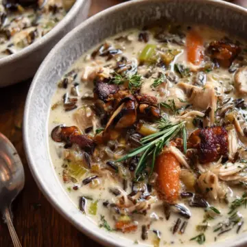 Creamy Wild Rice Chicken Soup with Roasted Mushrooms