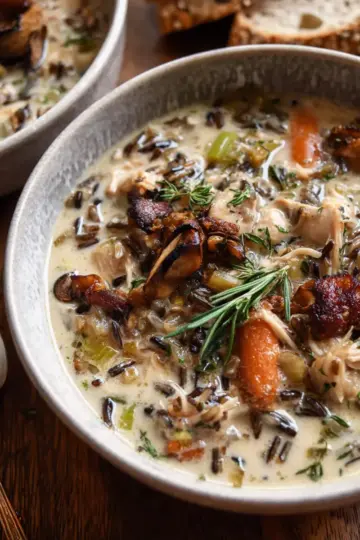 Creamy Wild Rice Chicken Soup with Roasted Mushrooms
