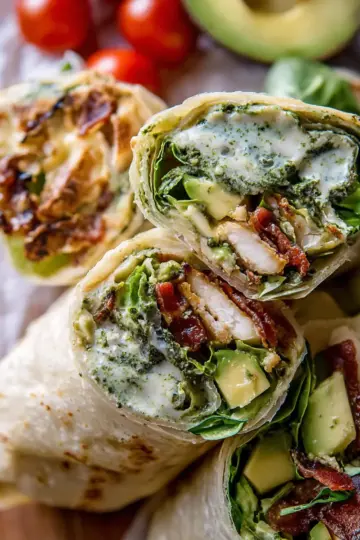 Pesto Chicken and Avocado Bacon Salad Wraps