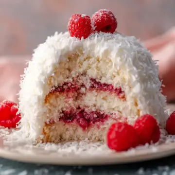 Raspberry Surprise Coconut Snowball Cake