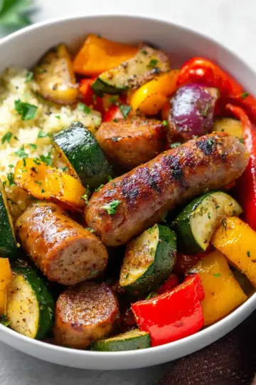 10 Minute Air Fryer Chicken Sausage and Veggies